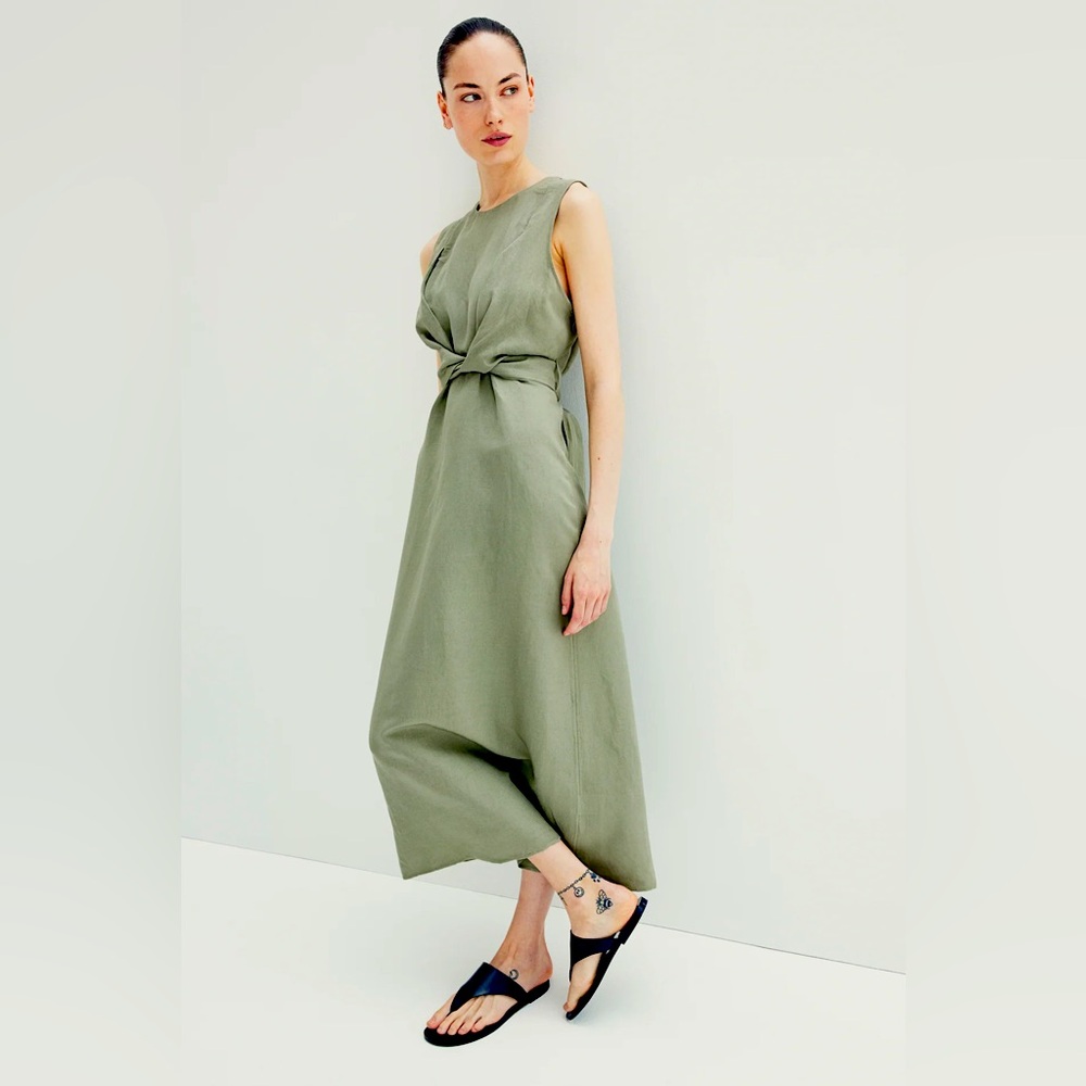 H&M Olive Green Sleeveless Midi Dress with Front Knot